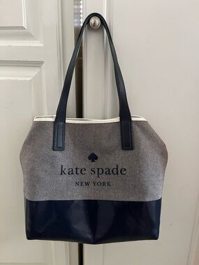 kate spade Navy and Gray Canvas Tote with Navy Leather Trim